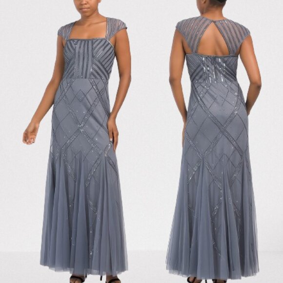 Adrianna Papell NEW Long Beaded Cap Sleeves Square Neck Deco Sequin Gown Size 8 - Picture 1 of 13